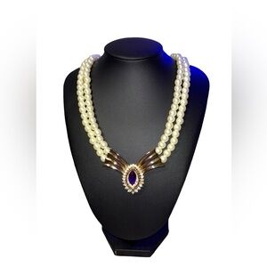 Vintage Gold Tone Faux Pearl Necklace 9" Resting Purple Rhinestone (4)